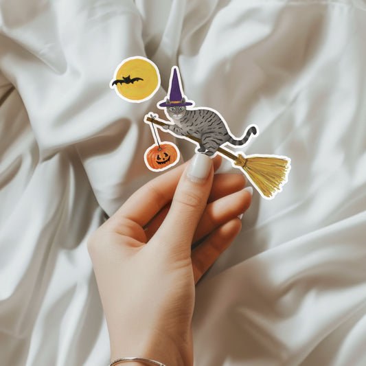 Halloween Witch Gray Tabby Cat Sticker - MerikaArt