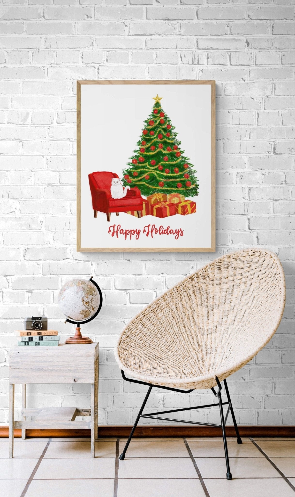 Happy Holidays Christmas Tree Art Print, Winter Art, Merry Christmas Sign, New Years Home Decor, Home Wall Decor, Xmas Holiday Decoration - MerikaArt