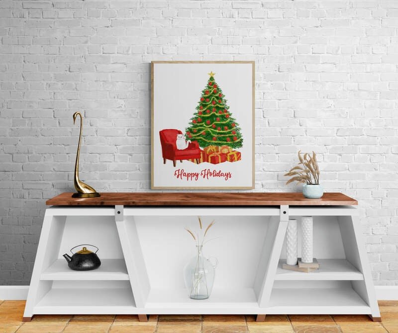 Happy Holidays Christmas Tree Art Print, Winter Art, Merry Christmas Sign, New Years Home Decor, Home Wall Decor, Xmas Holiday Decoration - MerikaArt