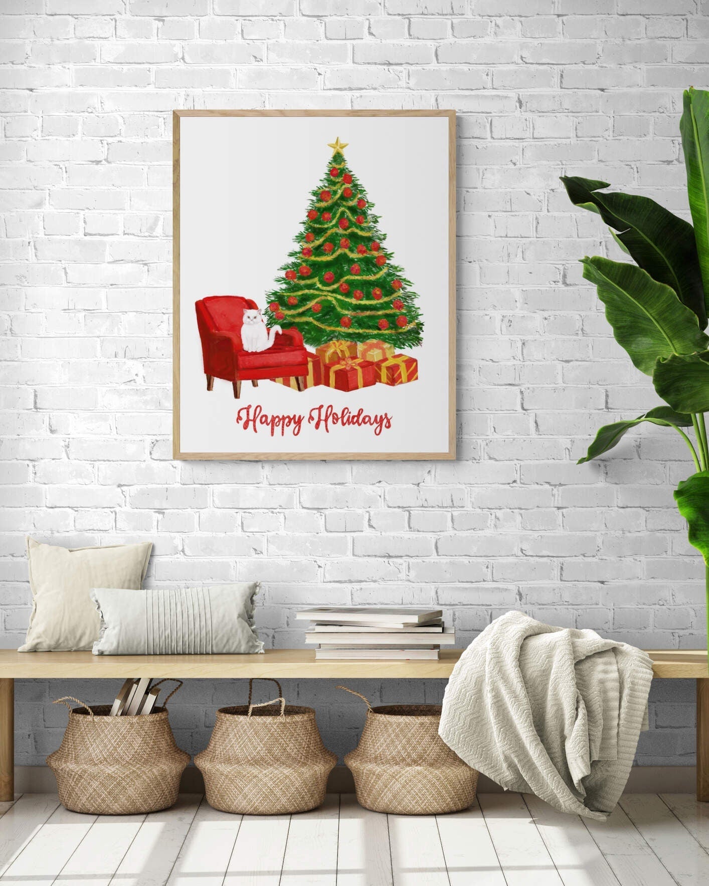 Happy Holidays Christmas Tree Art Print, Winter Art, Merry Christmas Sign, New Years Home Decor, Home Wall Decor, Xmas Holiday Decoration - MerikaArt