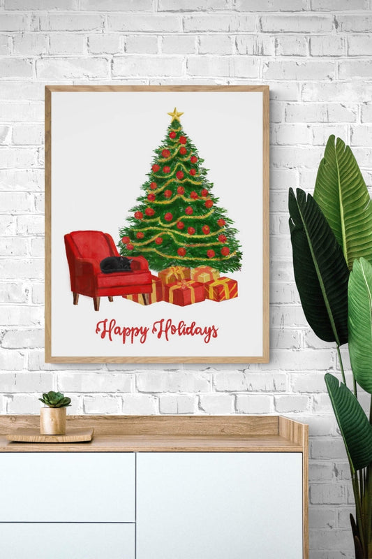 Happy Holidays Christmas Tree Art Print, Winter Art, Merry Christmas Sign, New Years Home Decor, Home Wall Decor, Xmas Holiday Decoration - MerikaArt