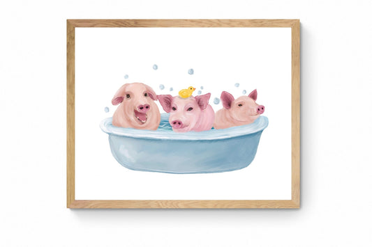 Happy Pigs Taking a Bath Wall Art - MerikaArt