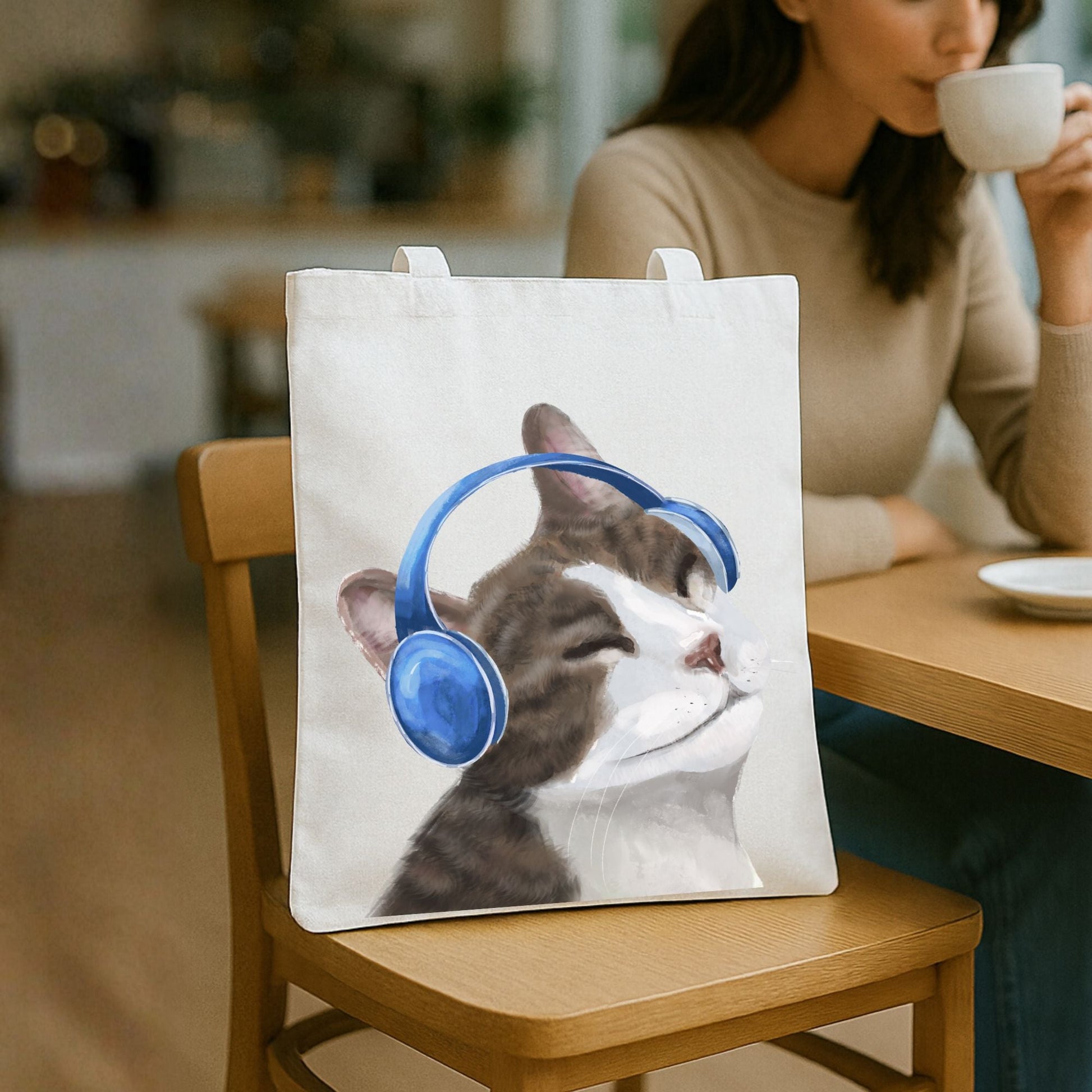 Headphones Cat Canvas Tote Bag - MerikaArt