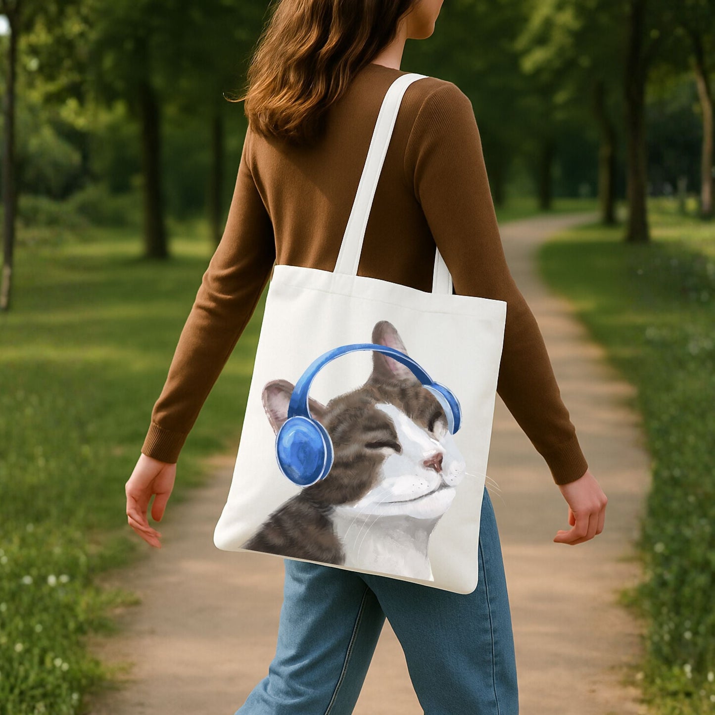 Headphones Cat Canvas Tote Bag - MerikaArt