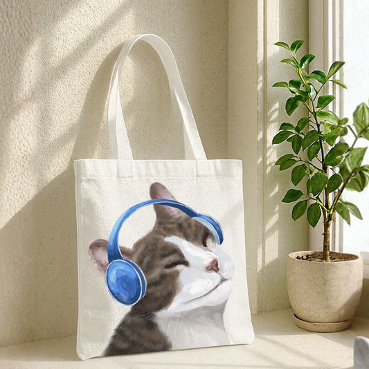 Headphones Cat Canvas Tote Bag - MerikaArt