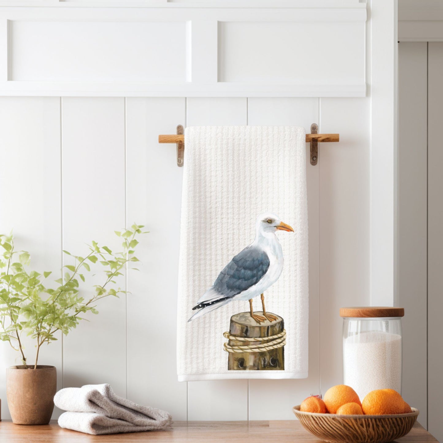 Herring Gull on Dock Kitchen Towel - MerikaArt