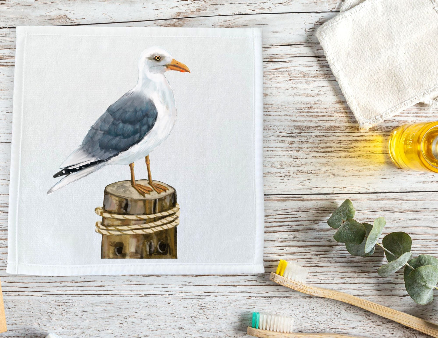 Herring Gull on Dock Post Washcloth - MerikaArt