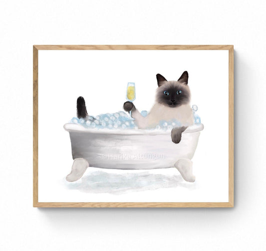 Himalayan Cat Bathing Print, Himalayan Cat In Bathtub, Pet Memorial, Bathroom Cat Painting, Cat Relaxing In Bath Print, Cat Lover Gift - MerikaArt