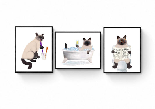 Himalayan Cat Bathroom Art Set of 3, Bathroom Wall Decor, Cute Himalayan Cat In Bath Art, Cat On Toilet Print, Cat Lover Gift, Cat Spa Day - MerikaArt