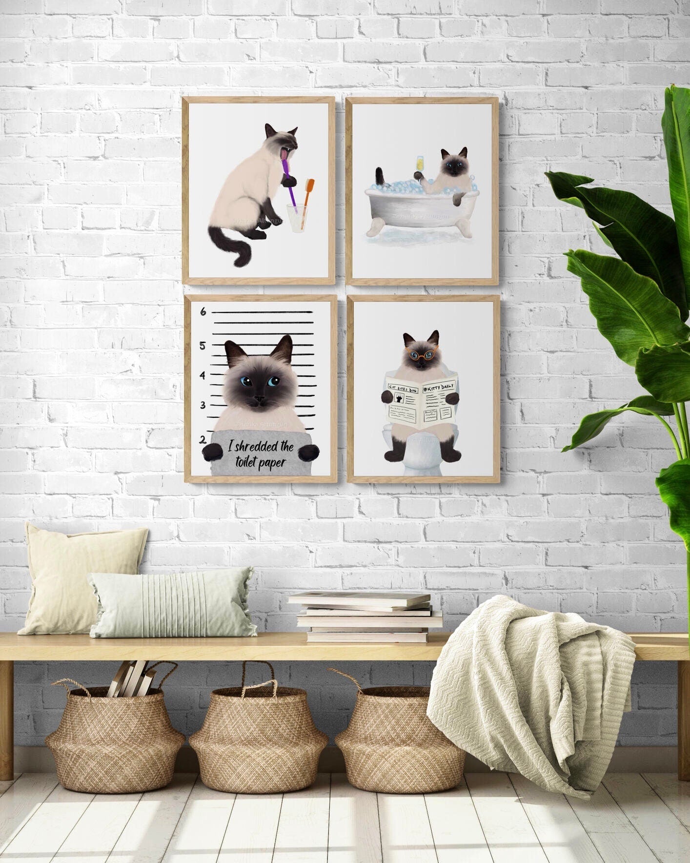 Himalayan Cat Bathroom Art Set of 4, Bathroom Wall Decor, Cute Himalayan Cat In Bath Art, Cat On Toilet Print, Cat Lover Gift, Cat Spa Day - MerikaArt