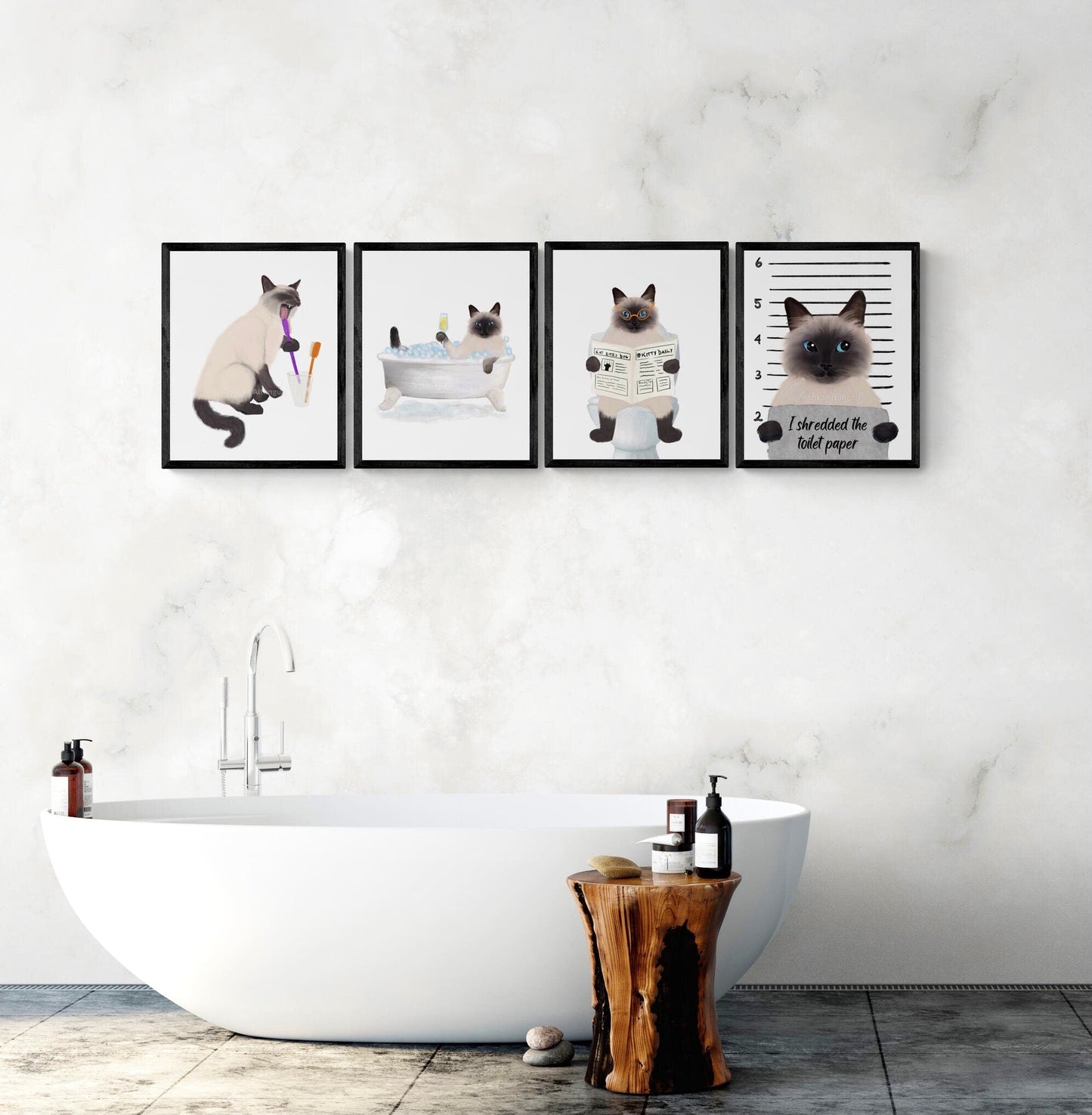 Himalayan Cat Bathroom Art Set of 4, Bathroom Wall Decor, Cute Himalayan Cat In Bath Art, Cat On Toilet Print, Cat Lover Gift, Cat Spa Day - MerikaArt