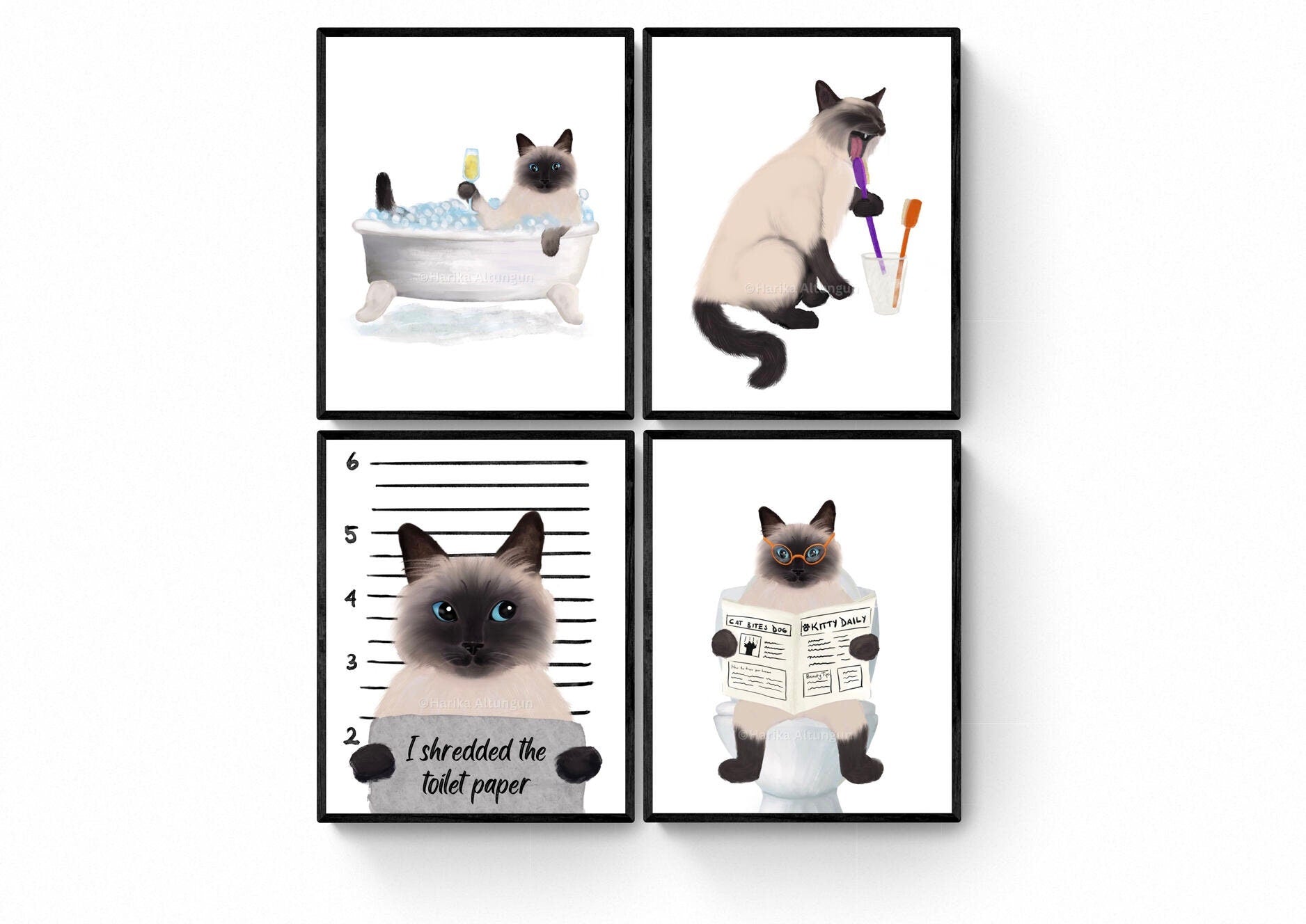 Himalayan Cat Bathroom Art Set of 4, Bathroom Wall Decor, Cute Himalayan Cat In Bath Art, Cat On Toilet Print, Cat Lover Gift, Cat Spa Day - MerikaArt