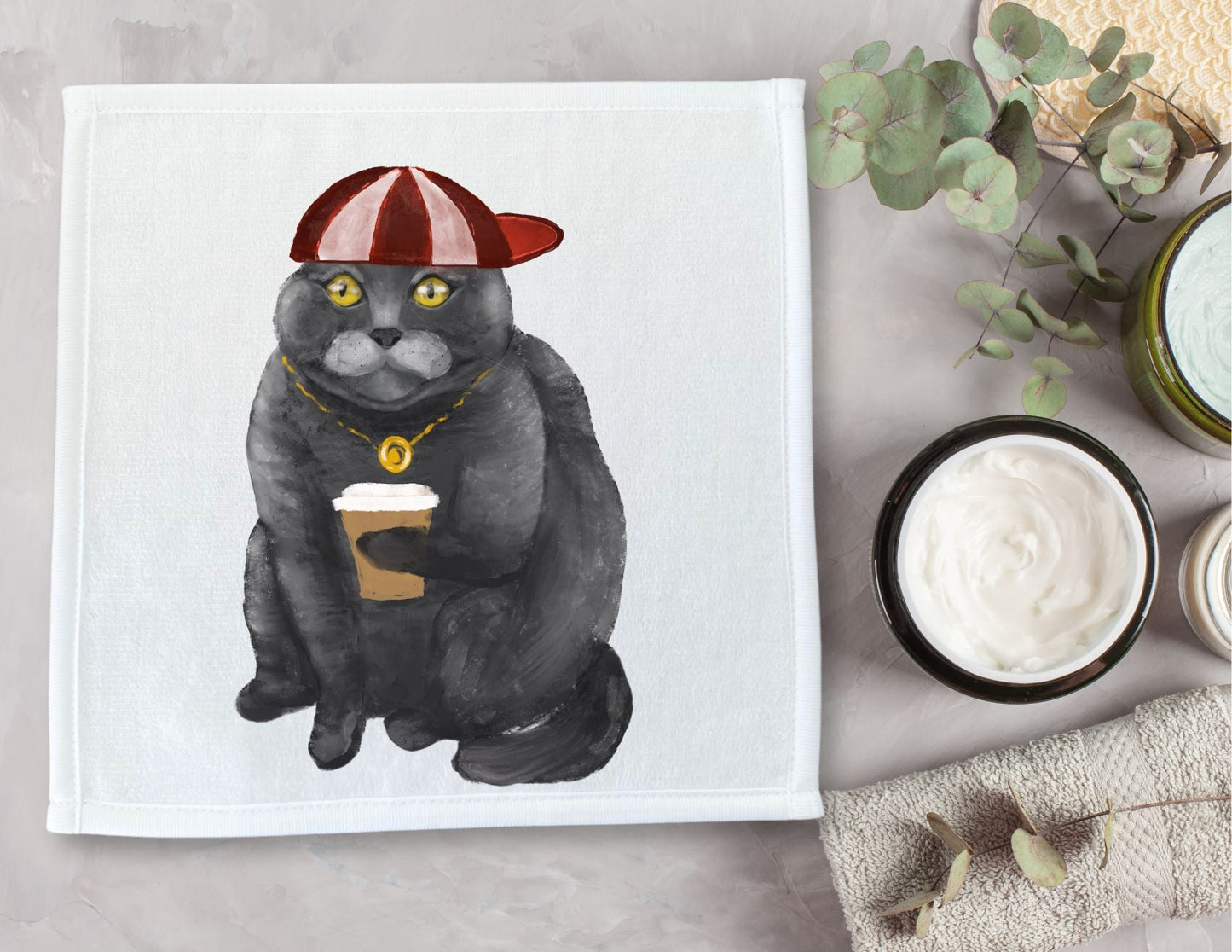 Hip Cat with Coffee Washcloth - MerikaArt