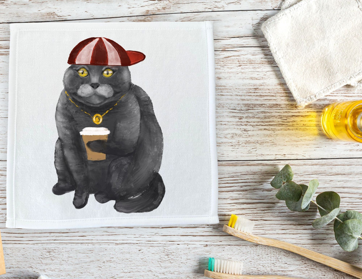 Hip Cat with Coffee Washcloth - MerikaArt