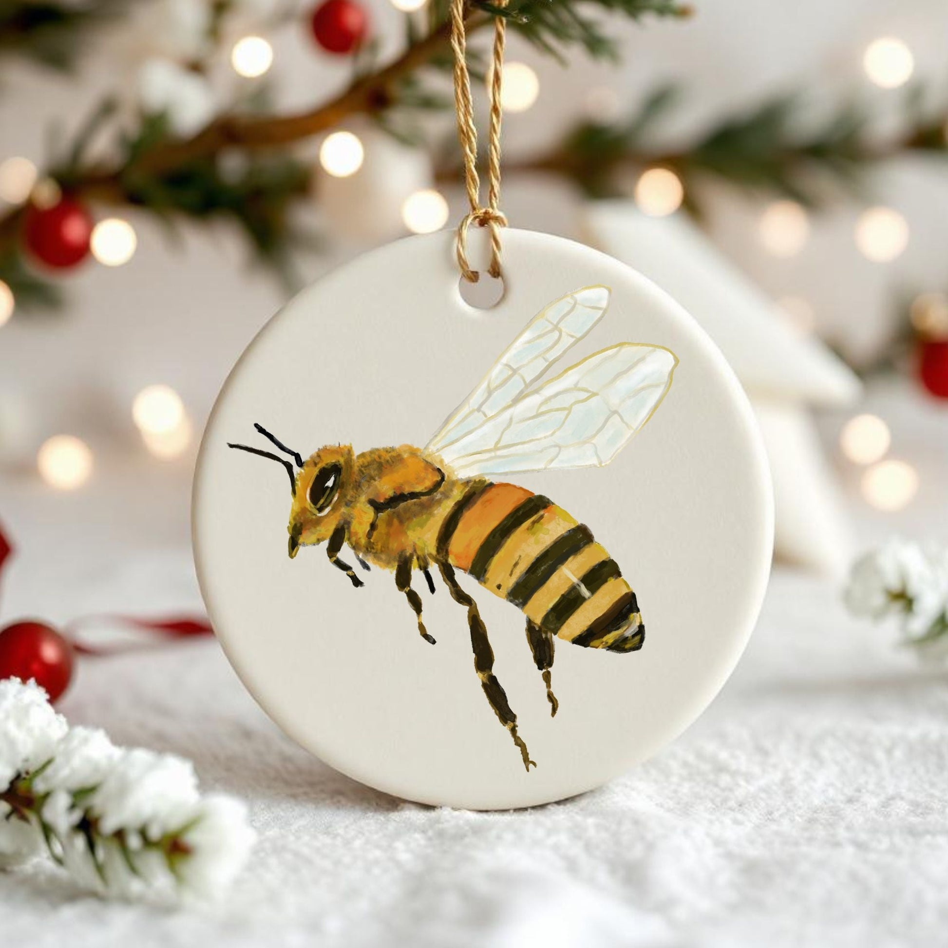 Honey Bee Ceramic Christmas Ornament - MerikaArt