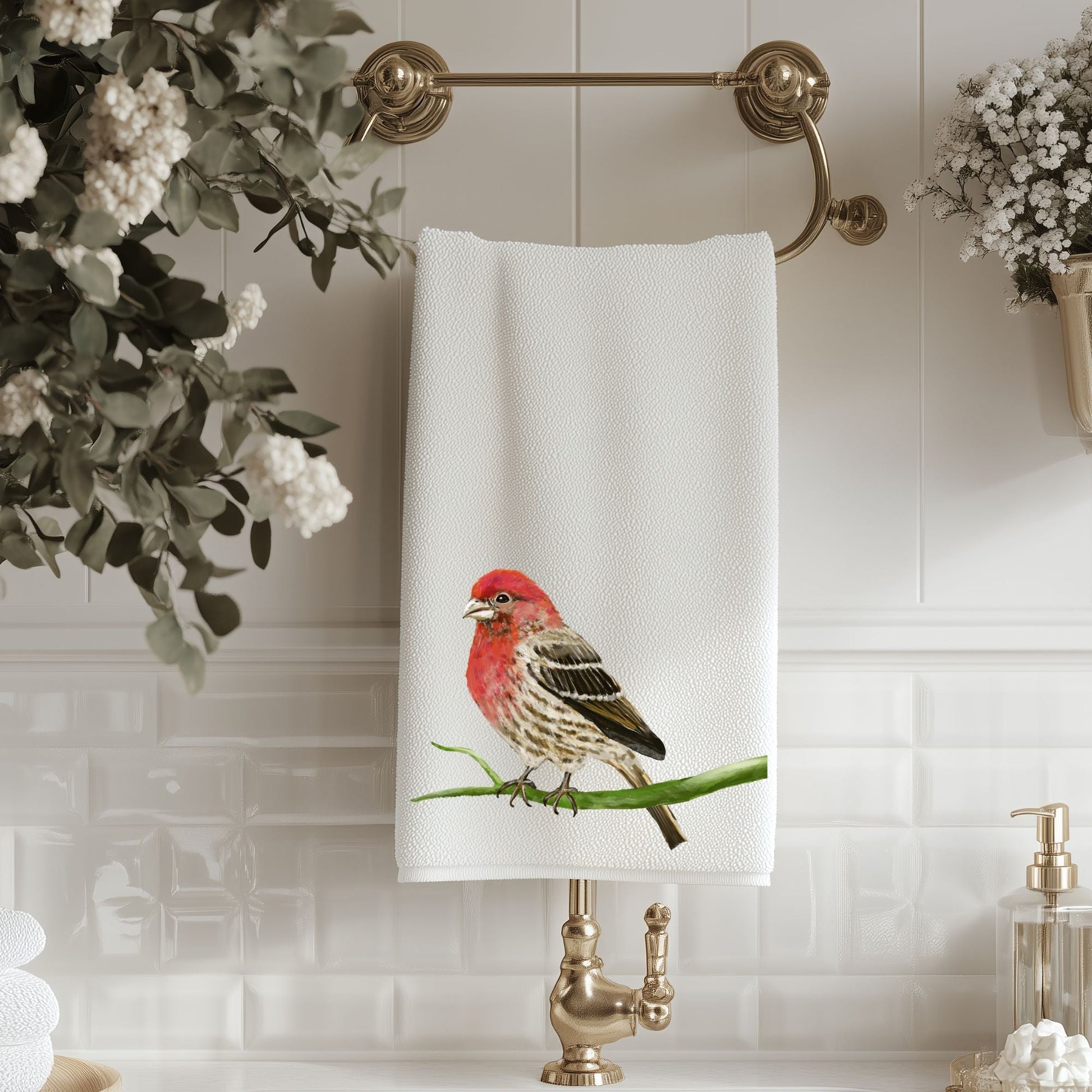 House Finch on Branch Bathroom Towel - MerikaArt