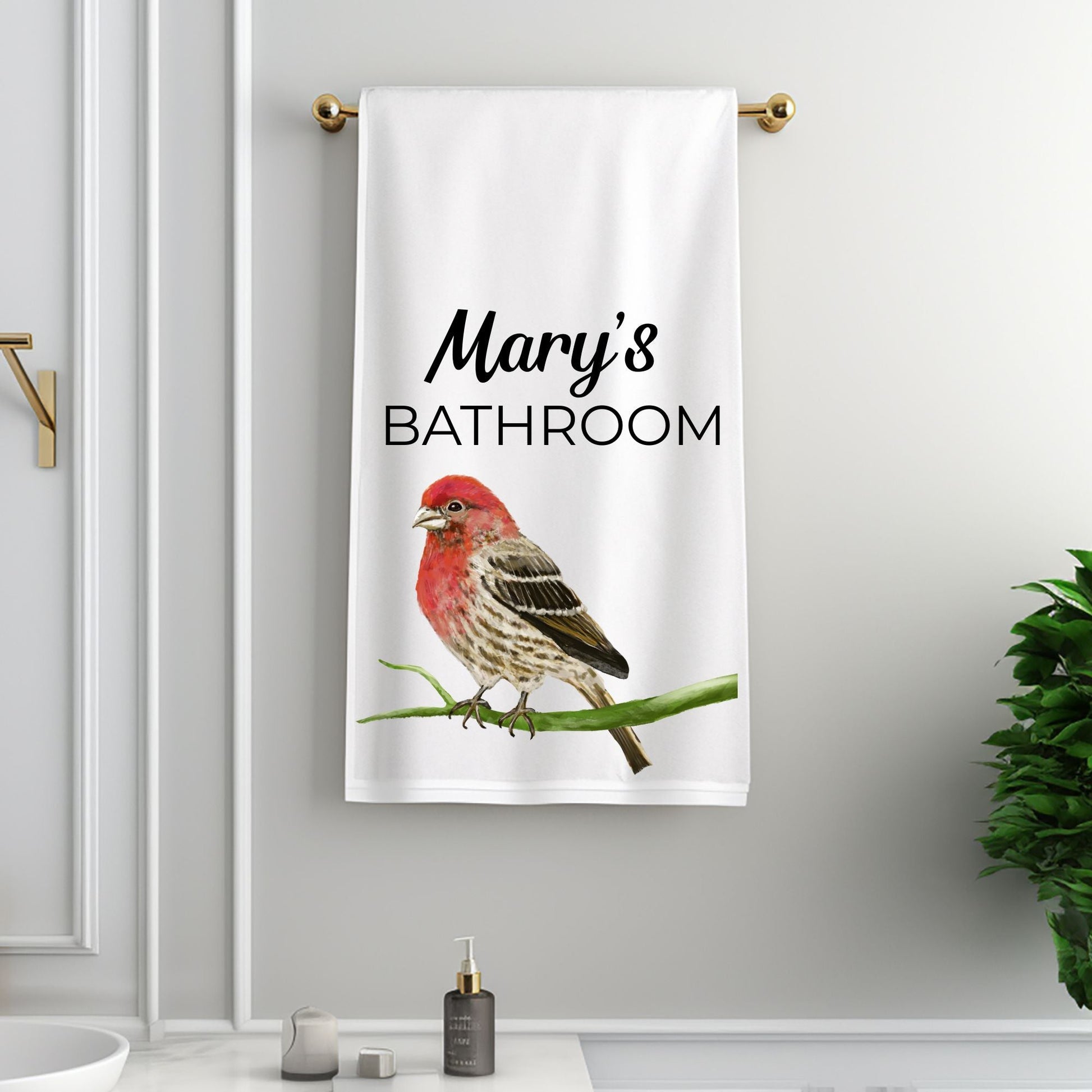 House Finch on Branch Bathroom Towel - MerikaArt