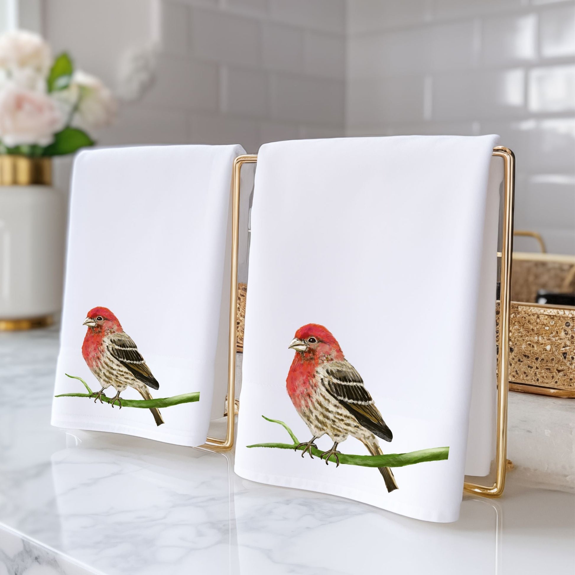 House Finch on Branch Bathroom Towel - MerikaArt