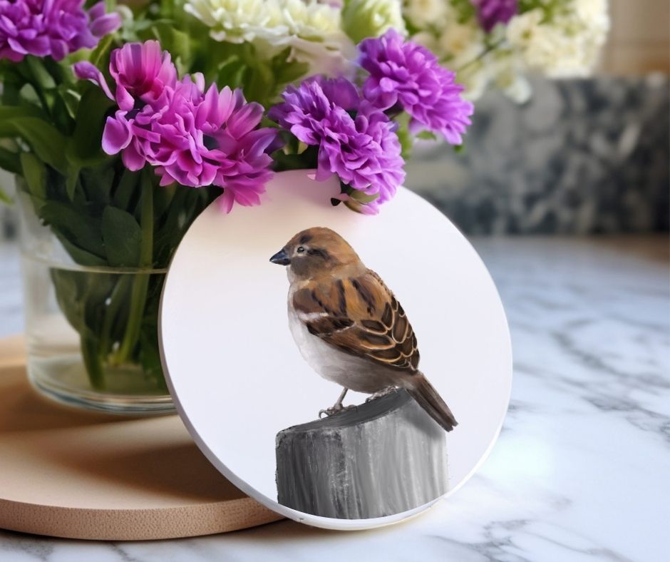 House Sparrow Ceramic Coaster - MerikaArt