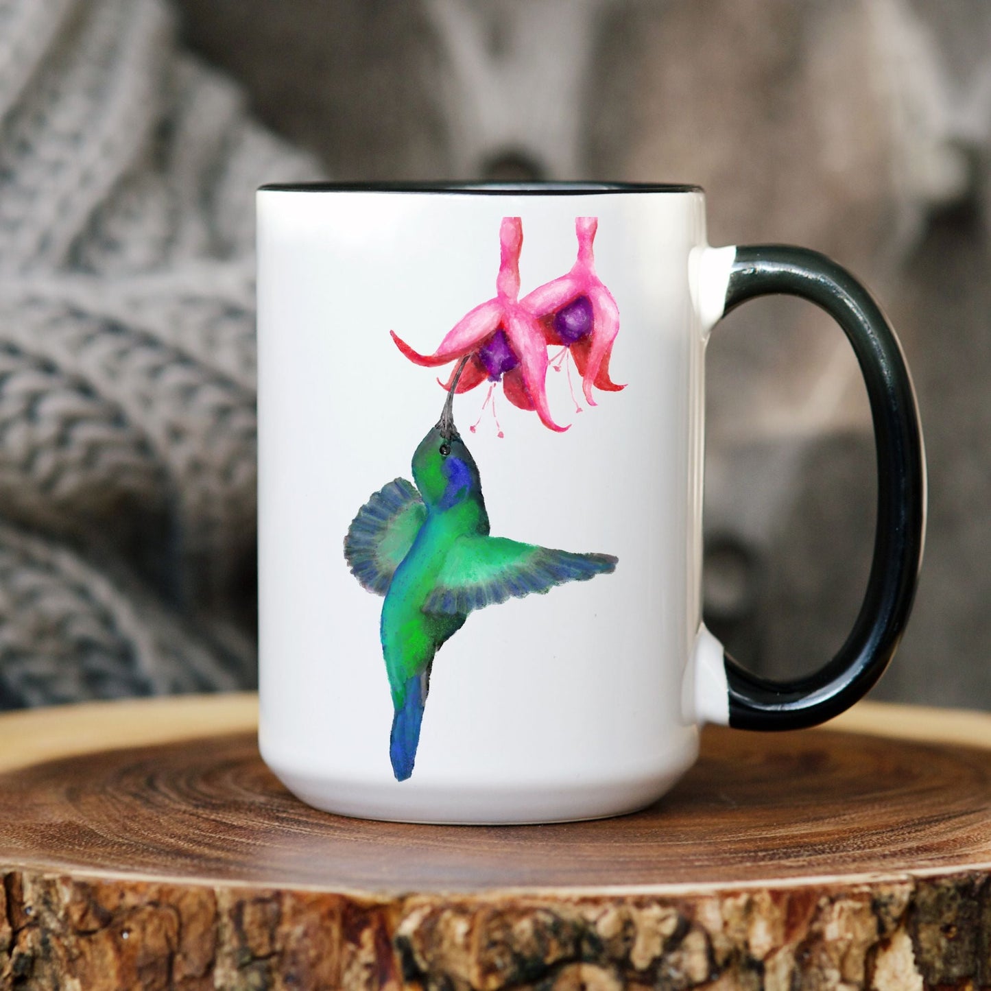 Hummingbird and Fuchsia Ceramic Coffee Mug - MerikaArt