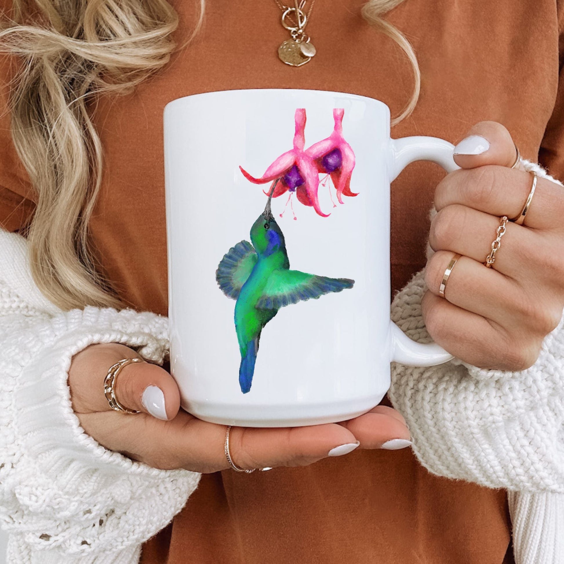 Hummingbird and Fuchsia Ceramic Coffee Mug - MerikaArt