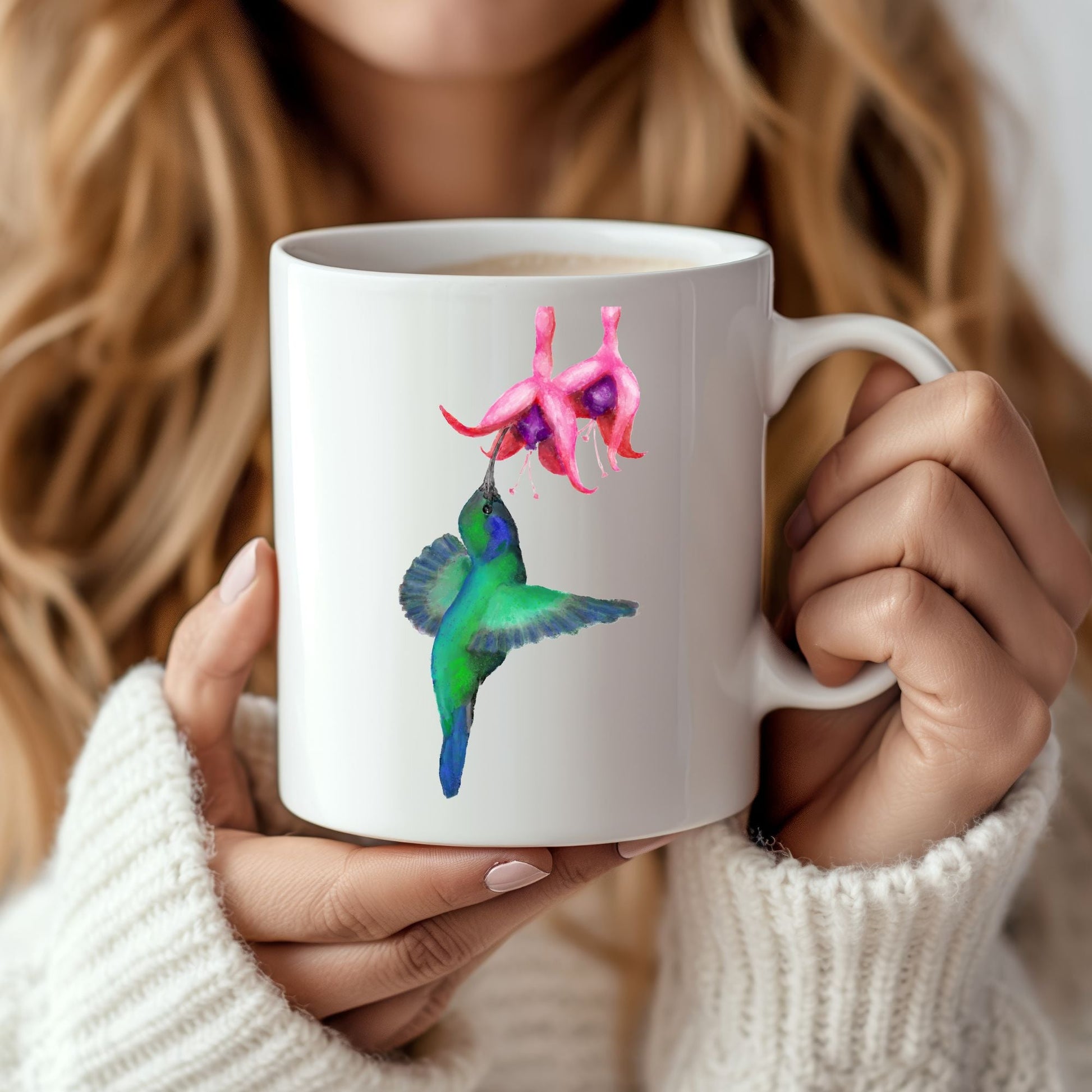 Hummingbird and Fuchsia Ceramic Coffee Mug - MerikaArt