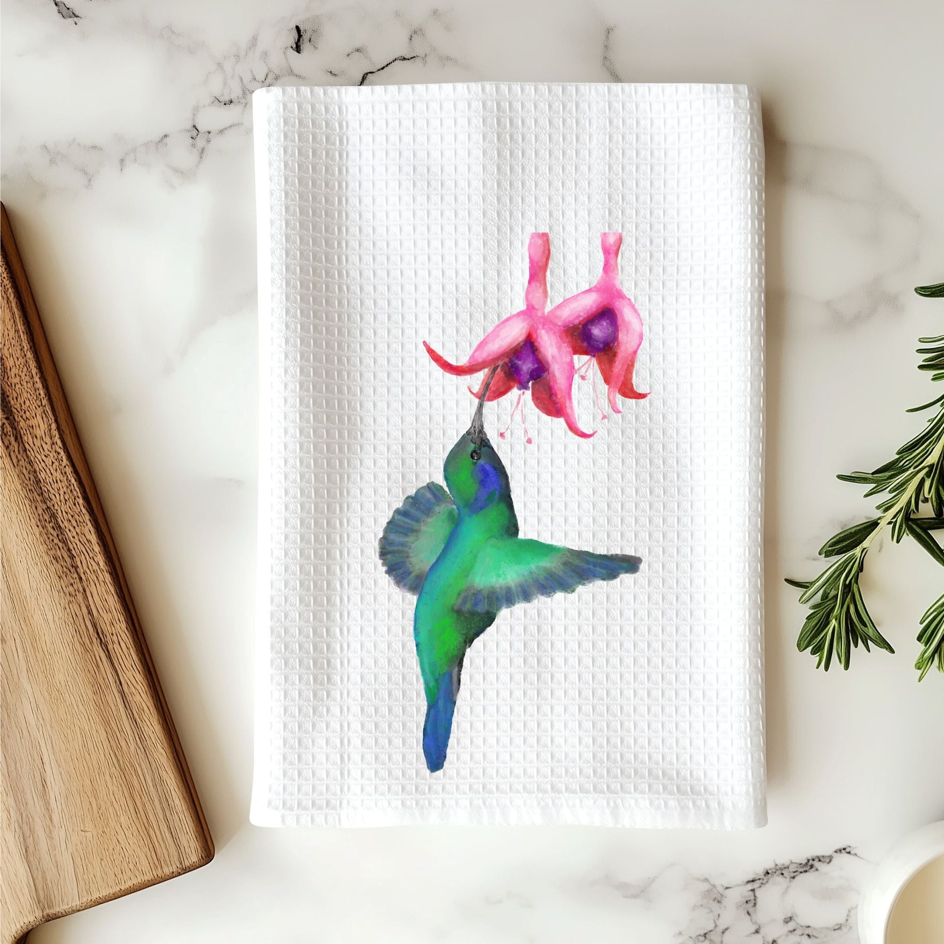 Hummingbird and Fuchsia Flower Kitchen Towel - MerikaArt