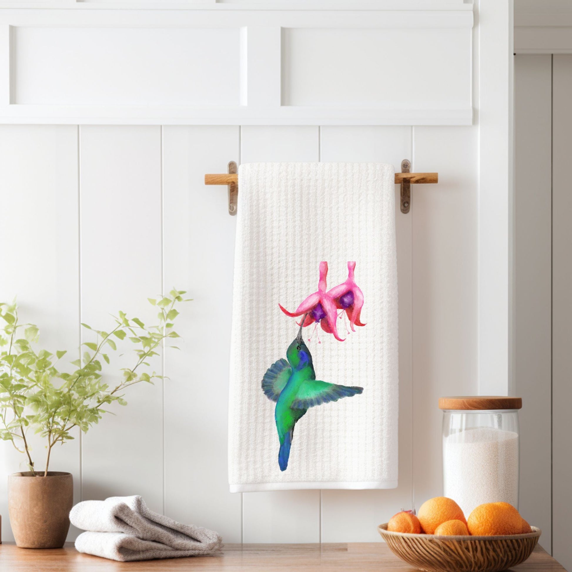 Hummingbird and Fuchsia Flower Kitchen Towel - MerikaArt