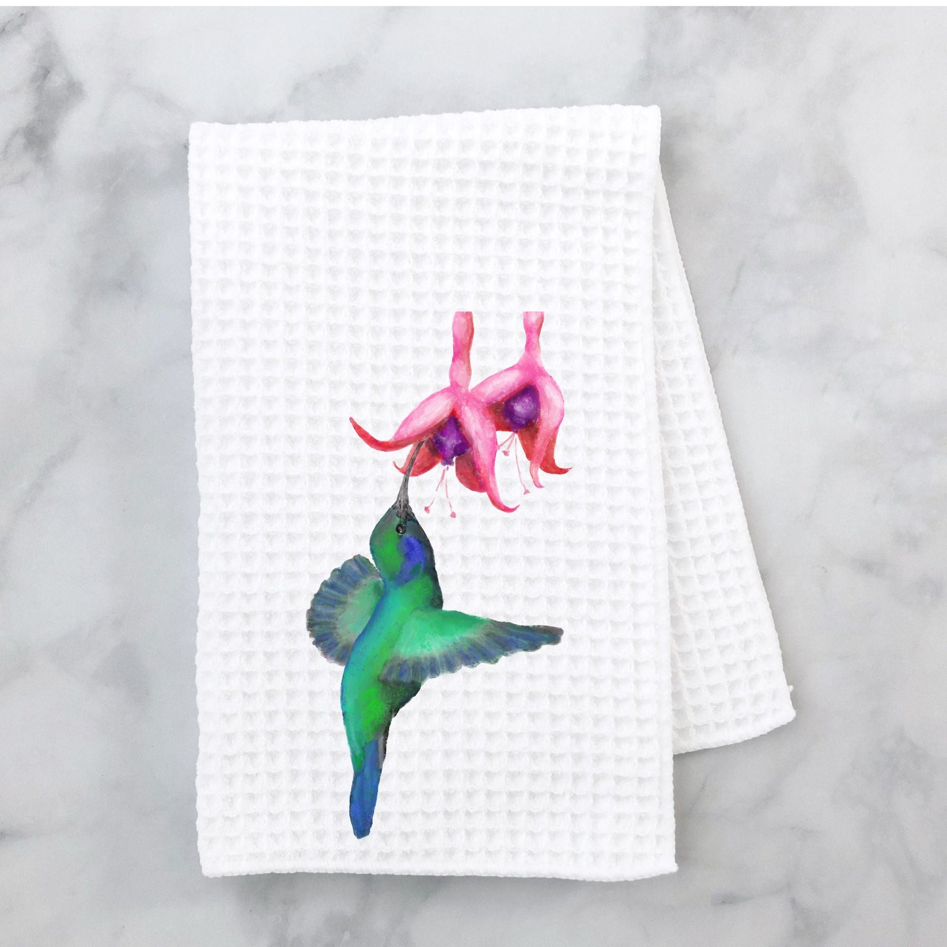 Hummingbird and Fuchsia Flower Kitchen Towel - MerikaArt