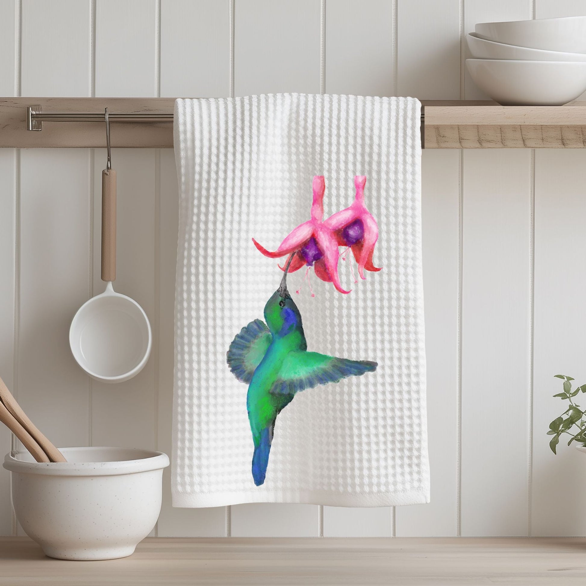 Hummingbird and Fuchsia Flower Kitchen Towel - MerikaArt