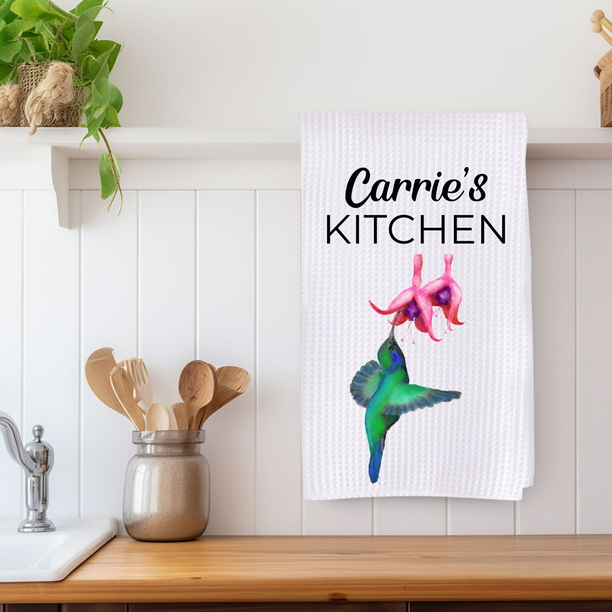 Hummingbird and Fuchsia Flower Kitchen Towel - MerikaArt