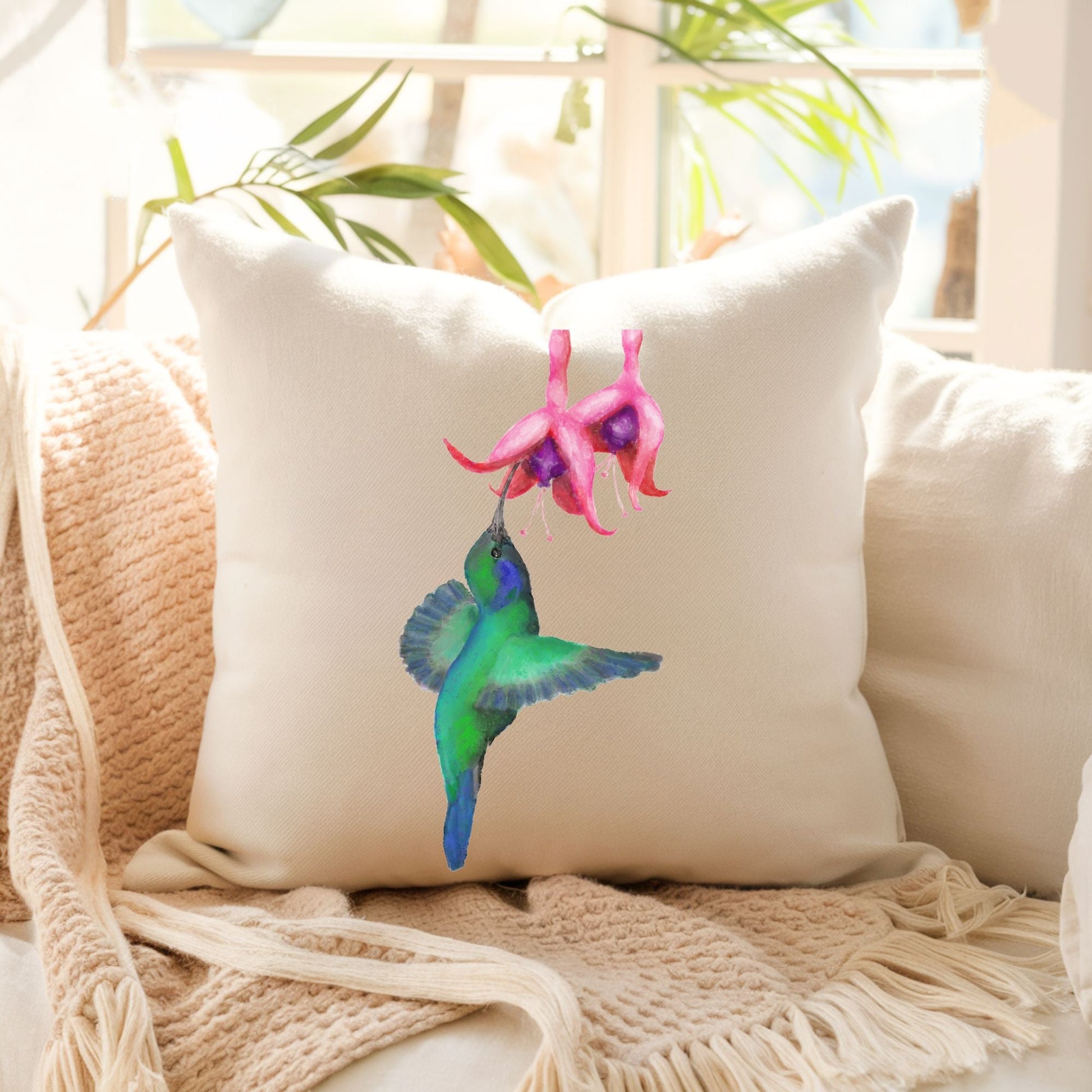 Hummingbird and Fuchsia Flower Pillow - MerikaArt