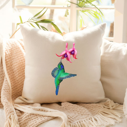 Hummingbird and Fuchsia Flower Pillow - MerikaArt