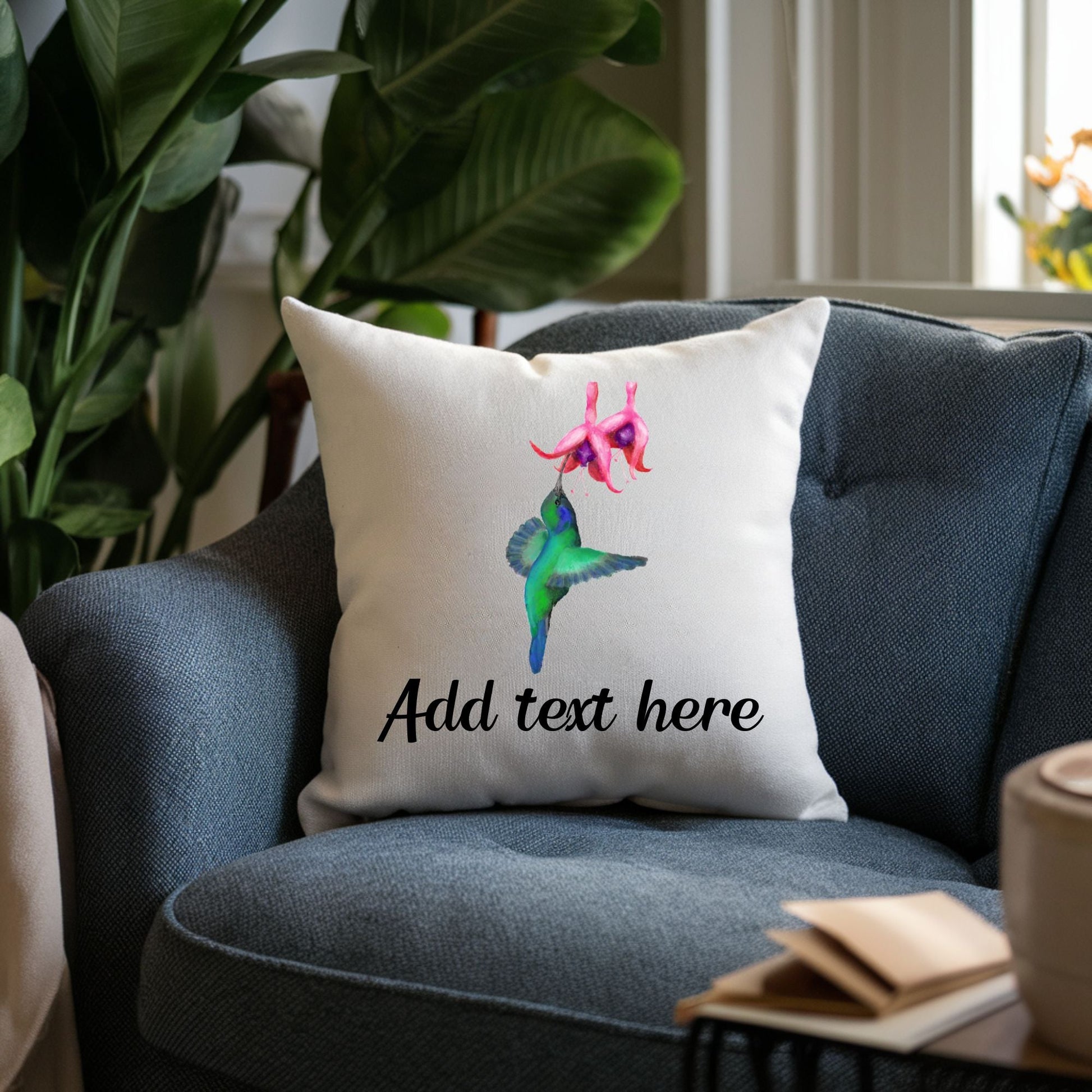 Hummingbird and Fuchsia Flower Pillow - MerikaArt