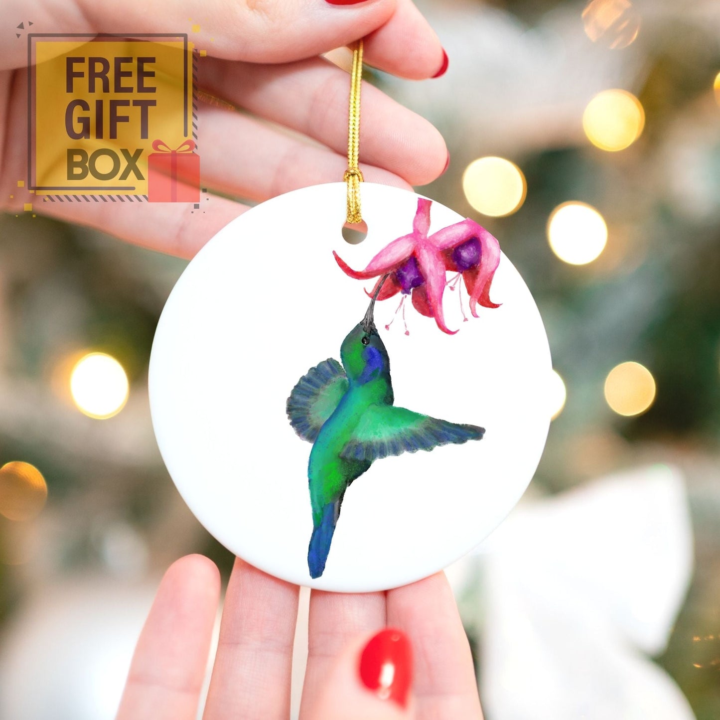 Hummingbird with Flower Ornament - MerikaArt