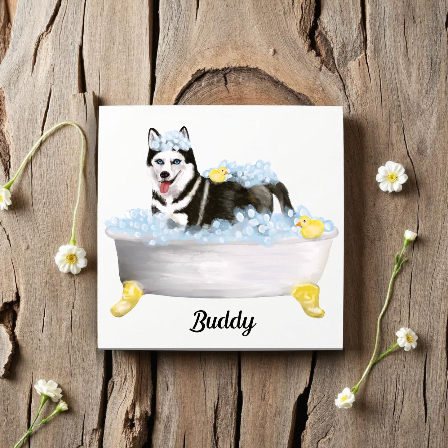 Husky Dog in Bathtub Ceramic Tile – Handcrafted Whimsical Pet Art Decor - MerikaArt