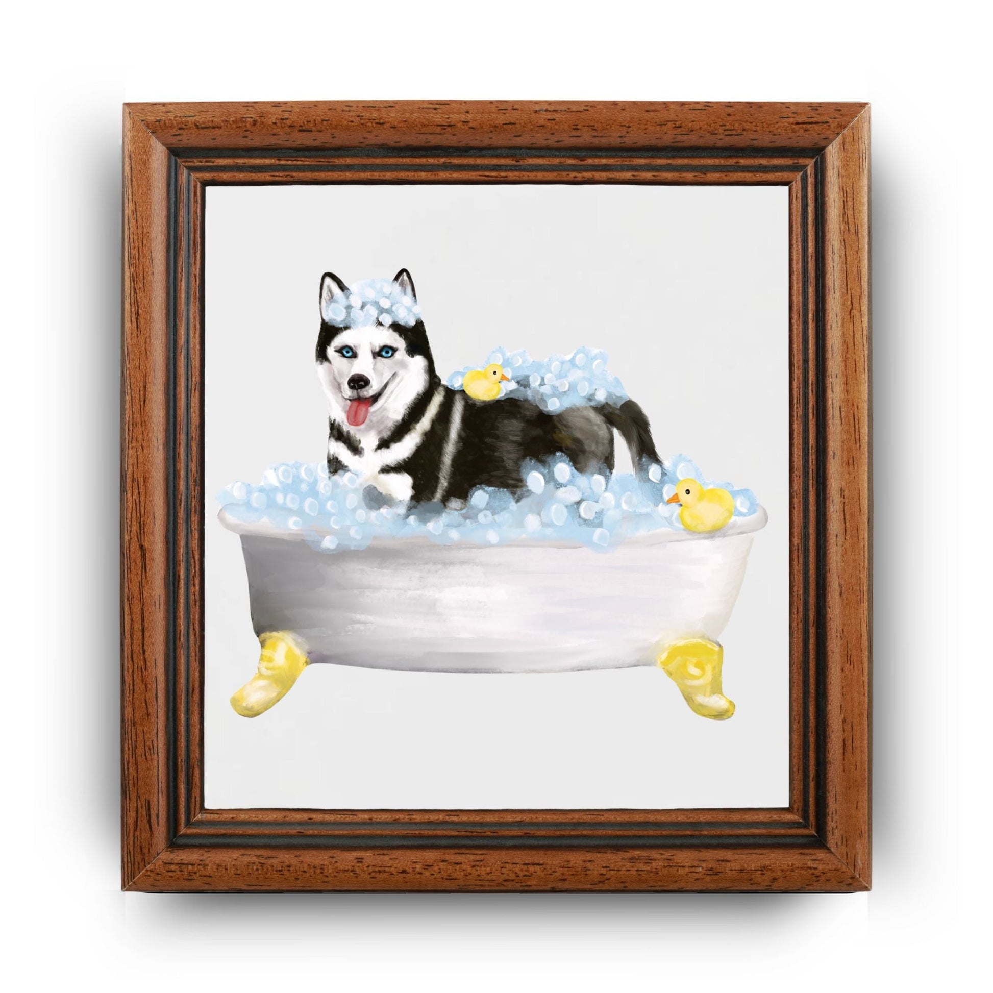 Husky Dog in Bathtub Ceramic Tile – Handcrafted Whimsical Pet Art Decor - MerikaArt