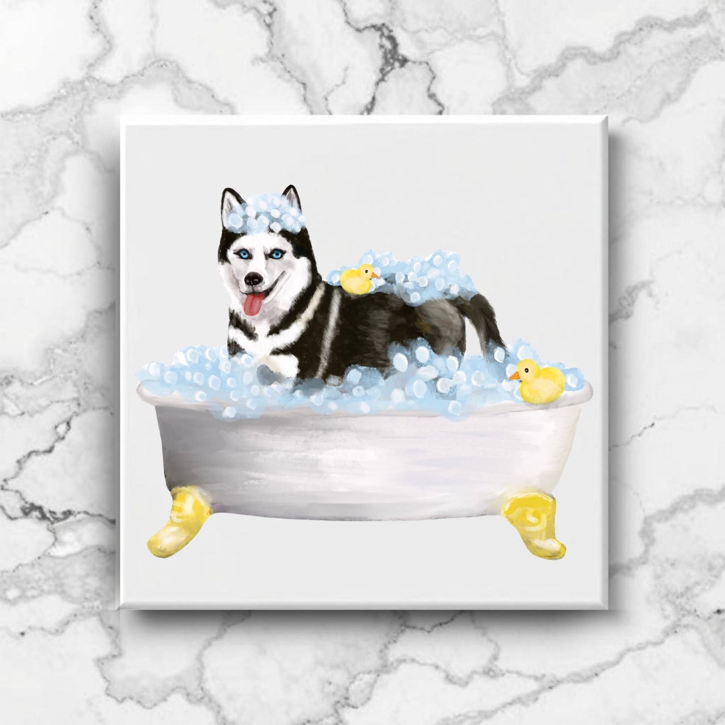 Husky Dog in Bathtub Ceramic Tile – Handcrafted Whimsical Pet Art Decor - MerikaArt