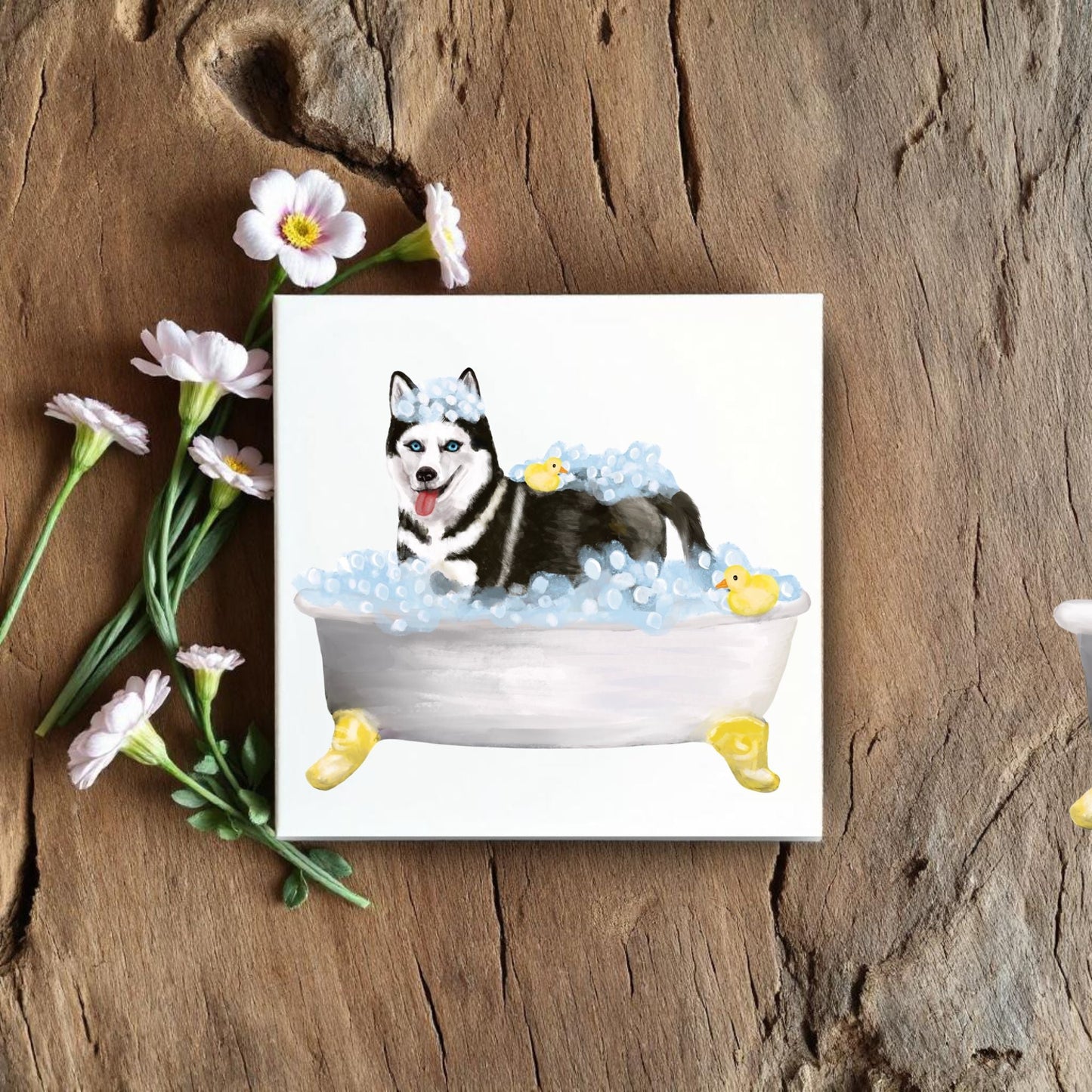 Husky Dog in Bathtub Ceramic Tile – Handcrafted Whimsical Pet Art Decor - MerikaArt