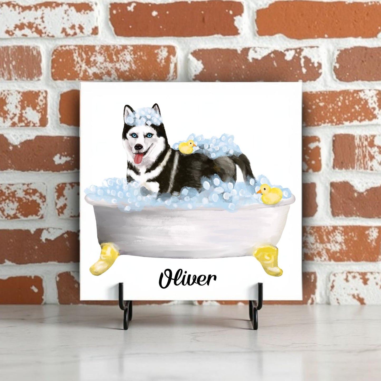 Husky Dog in Bathtub Ceramic Tile – Handcrafted Whimsical Pet Art Decor - MerikaArt