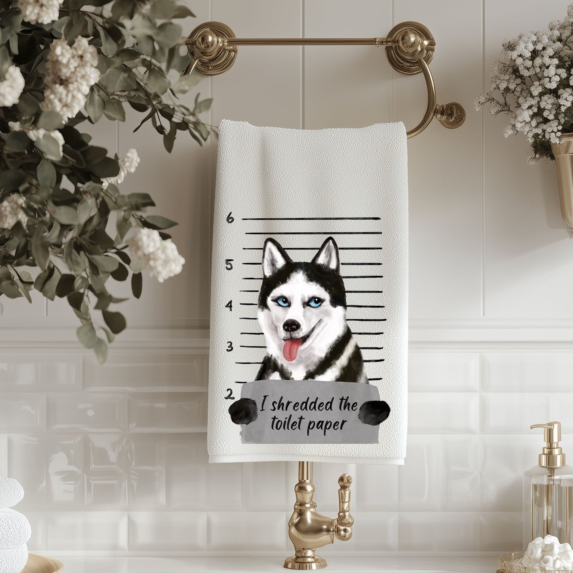 Husky Mugshot Bathroom Towel - MerikaArt