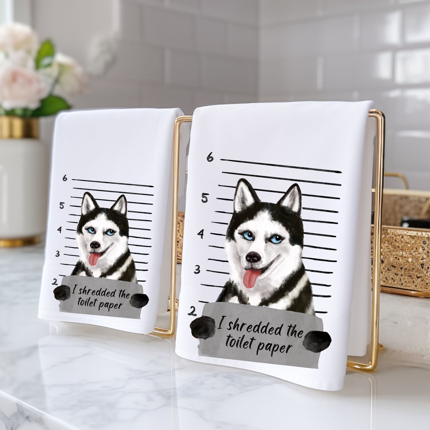 Husky Mugshot Bathroom Towel - MerikaArt