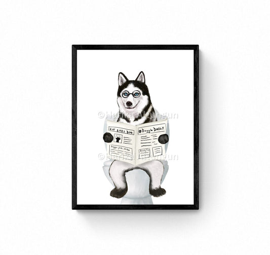 Husky On Toilet Print, Dog In Bathroom, Animal Bathroom Wall Art, Dog Memorial Painting, Dog In Bath Print, Pet Mom Dad Gift - MerikaArt