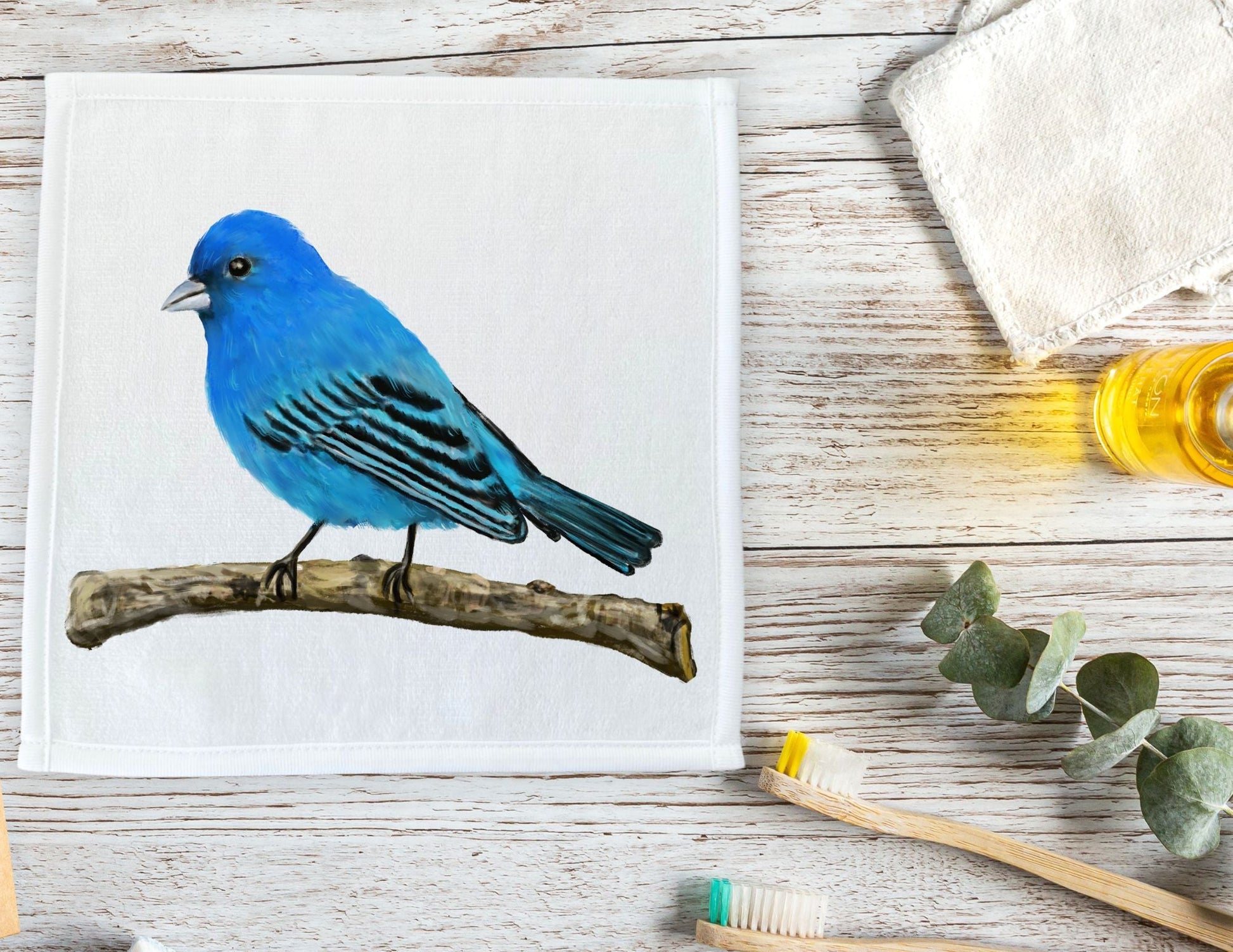 Indigo Bunting Bird Washcloth - MerikaArt