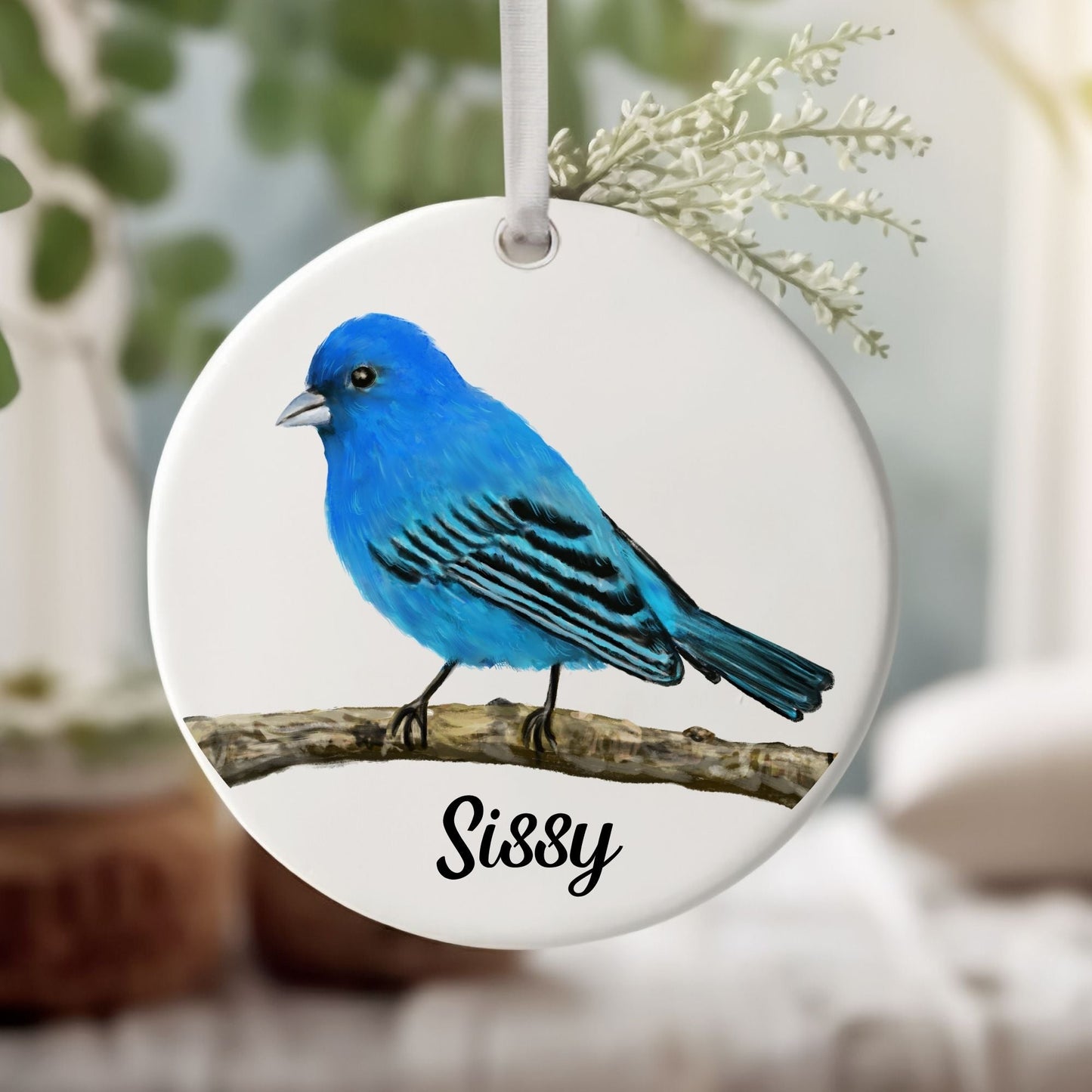 Indigo Bunting Ceramic Ornament - MerikaArt