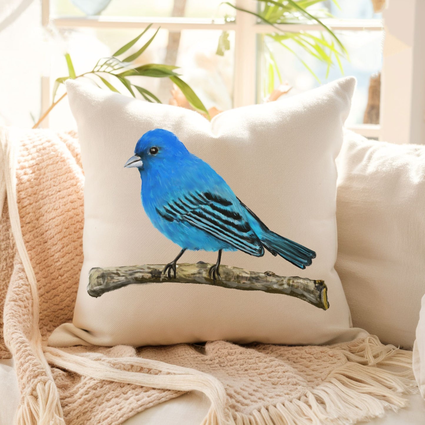 Indigo Bunting Decorative Pillow - MerikaArt