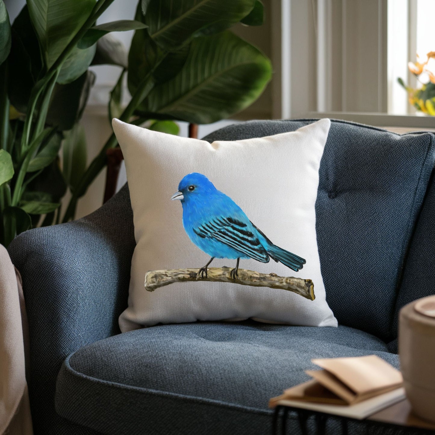 Indigo Bunting Decorative Pillow - MerikaArt