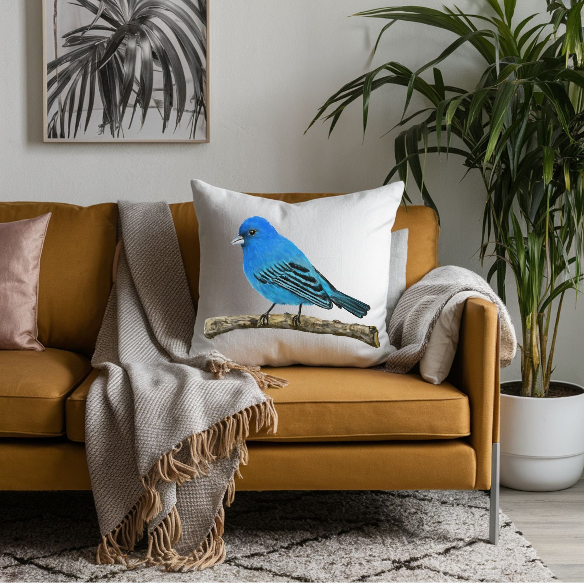 Indigo Bunting Decorative Pillow - MerikaArt