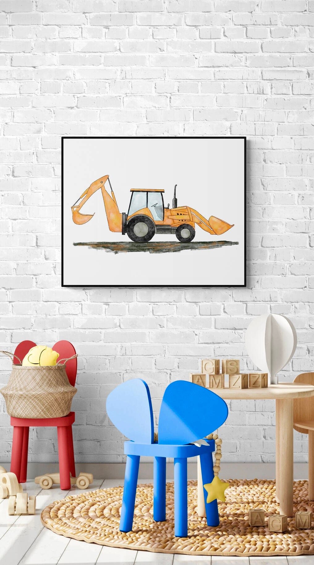 Kids Room Backhoe Wall Art, Backhoe Loader Painting, Construction Nursery Art, Construction Vehicles Poster, Nursery Gift, Loader Excavator - MerikaArt