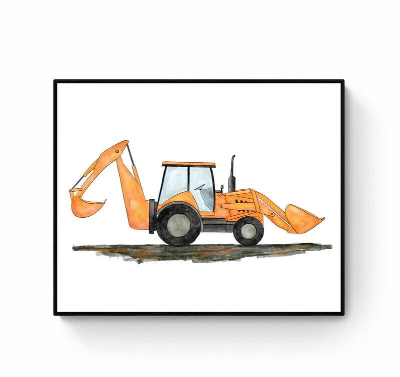 Kids Room Backhoe Wall Art, Backhoe Loader Painting, Construction Nursery Art, Construction Vehicles Poster, Nursery Gift, Loader Excavator - MerikaArt